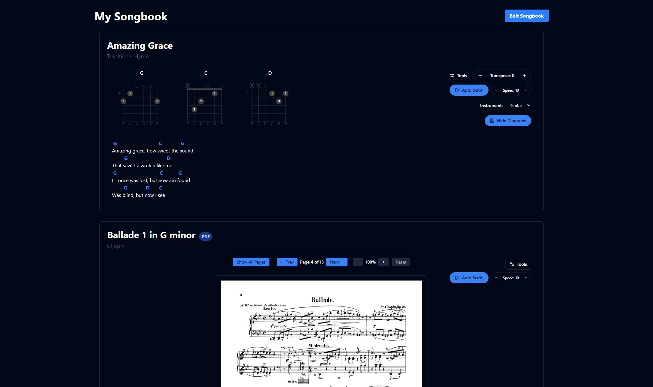 Rehearsary Songbook view showing a collection of music charts and organization options